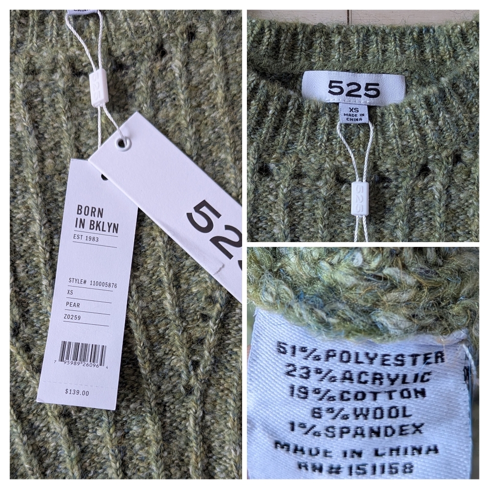 525 America Pointelle knit puff sleeve sweater wool blend green - Picture 4 of 8